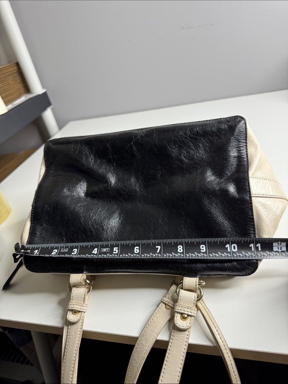 Badgley Mischka Studded Leather Satchel Tote Bag Black & Cream Colorblock - Picture 6 of 17